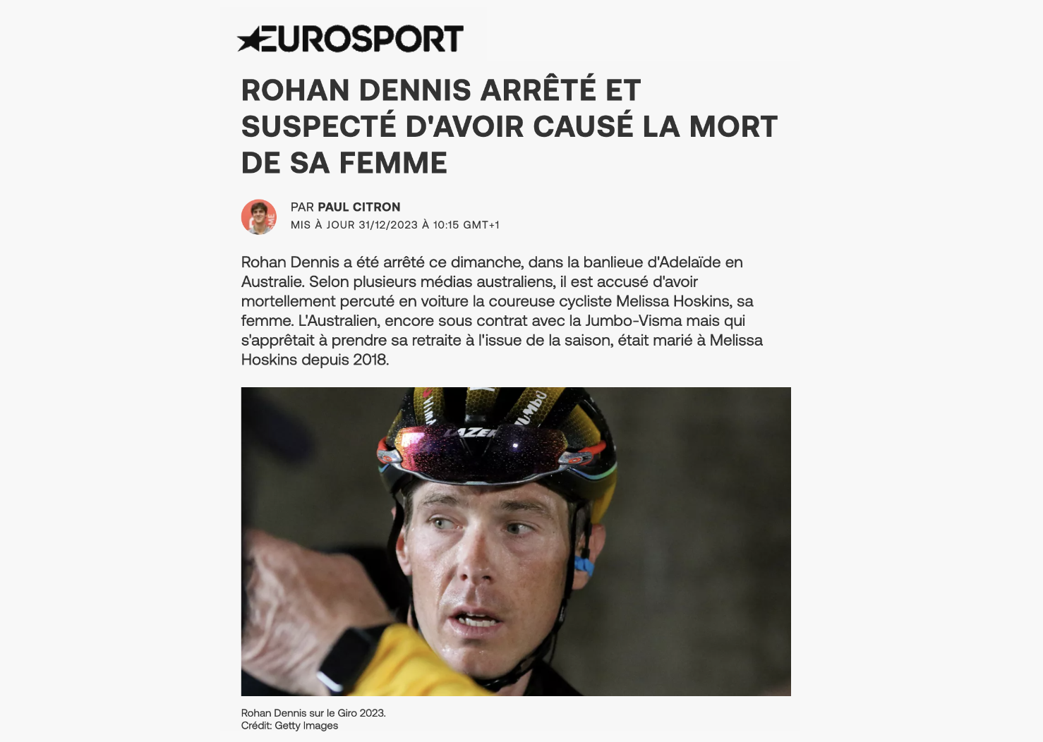 Le cycliste Rohan Dennis inculpé après la mort de sa femme