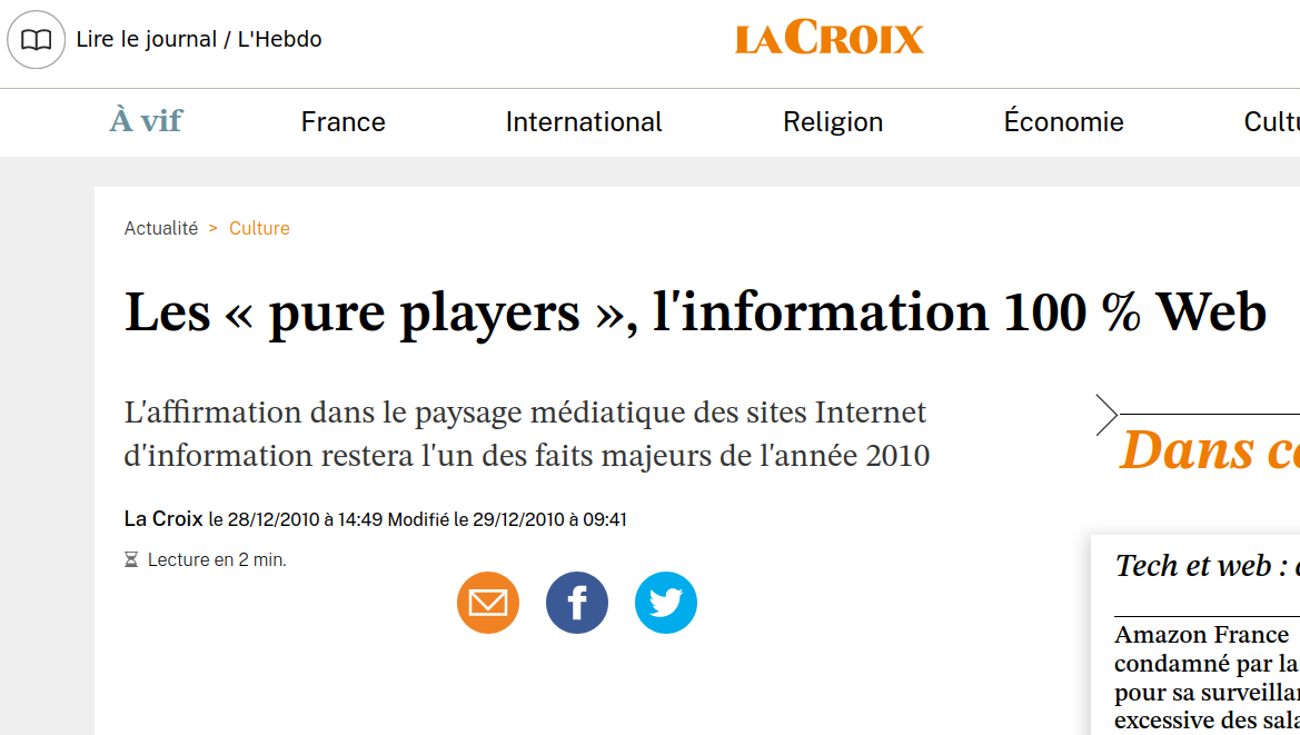 Le pure player, parangon de la modernité journalistique de 2010